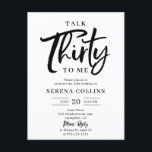 Carte Postale 30 Parler d'anniversaire Trente pinceaux Calligrap<br><div class="desc">Célébrez cet anniversaire marquant dans le style avec une invitation à 30e anniversaire magnifiquement conçue qui combine élégance moderne avec une touche d'humour. Le titre présente la citation ludique Talk Thirty To Me, avec le mot Thirty écrit astucieusement dans la calligraphie de brosse moderne, ajoutant une ambiance amusante et élégante,...</div>