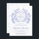 CARTE POSTALE 30E anniversaire Blue Floral Crest I<br><div class="desc">Une élégante crête vintage de fleurs bleues françaises occupe le devant de la scène pour cette invitation intemporelle à l'anniversaire. Orné,  formel et très féminin fera que toute femme d'anniversaire se sentira très spéciale. Des fournitures de partie de coordination sont disponibles.</div>