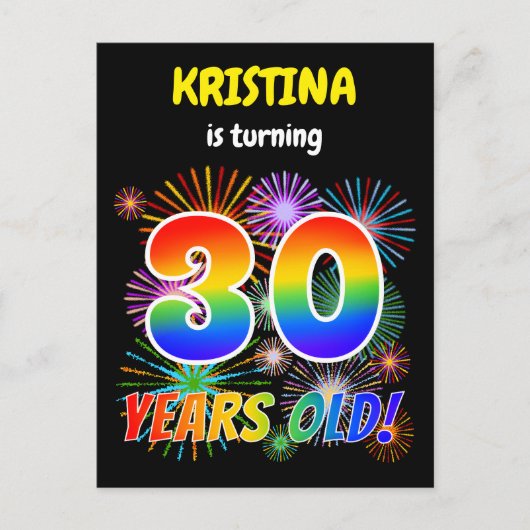 Carte Postale 30e anniversaire - Fun Fireworks, Rainbow Look "30 (Devant)