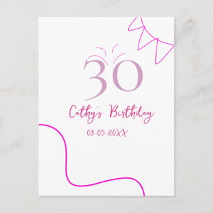 CARTE POSTALE 30E ANNIVERSAIRE ROSE VIOLET PASTEL DESSINÉ RÉTRO 