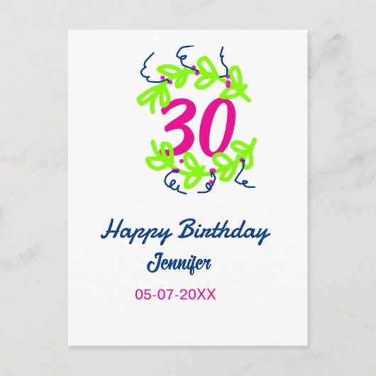 Carte Postale 30e anniversaire vert bleu couronne nom date rusti (Devant)