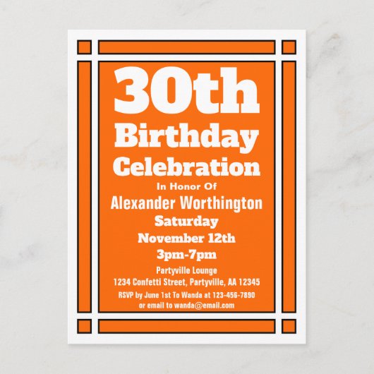 Carte postale 30th Orange Simple Birthday Invitati (Devant)
