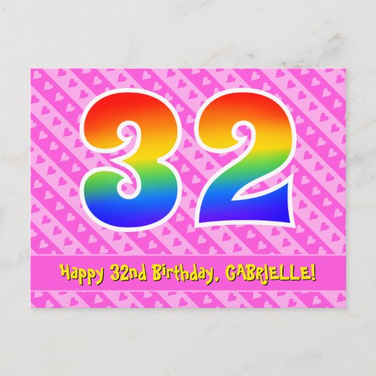 Carte Postale 32e anniversaire : Pink Stripes & Hearts, Arc en c (Devant)