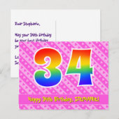 Carte Postale 34e Anniversaire : Bandes roses & Cœurs, Arc-en-ci (Devant / Derrière)