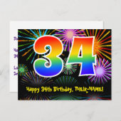 Carte Postale 34e anniversaire - Fun Fireworks Motif + Rainbow 3 (Devant / Derrière)
