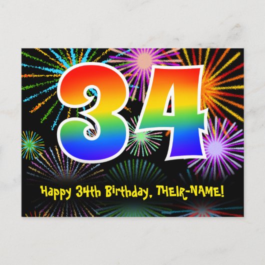 Carte Postale 34e anniversaire - Fun Fireworks Motif + Rainbow 3 (Devant)