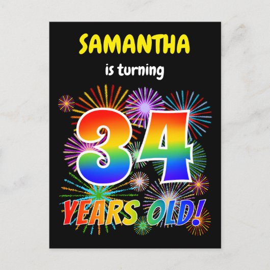 Carte Postale 34e anniversaire - Fun Fireworks, Rainbow Look "34 (Devant)
