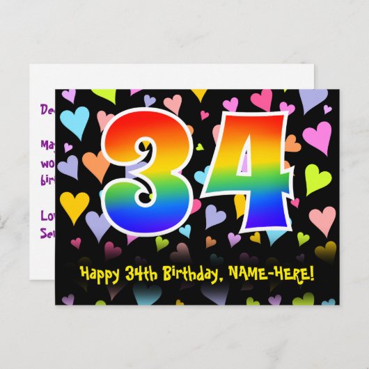 Carte Postale 34e anniversaire : Fun Hearts Motif, Arc-en-ciel 3 (Devant / Derrière)