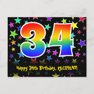 Carte Postale 34e anniversaire : Fun Stars Motif, Rainbow 34, No