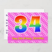 Carte Postale 34e anniversaire : Rayures roses et cœurs, Arc-en- (Devant / Derrière)