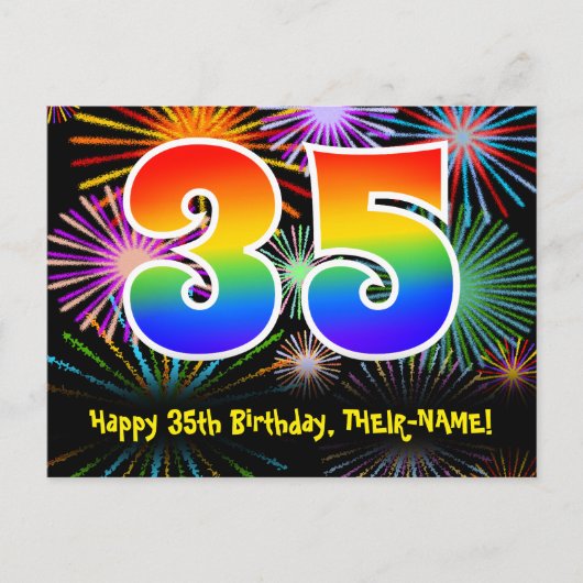Carte Postale 35e anniversaire - Fun Fireworks Motif + Arc-en-ci (Devant)