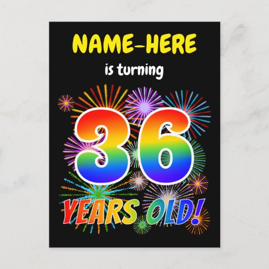 Carte Postale 36e anniversaire - Fun Fireworks, Rainbow Look "36 (Devant)