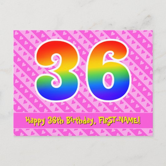 Carte Postale 36e anniversaire : rayures roses et cœurs, arc-en- (Devant)