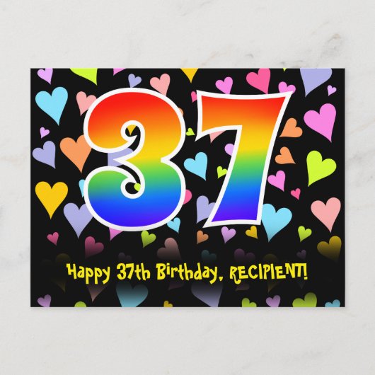Carte Postale 37e Anniversaire : motif de cœurs amusants, arc-en (Devant)