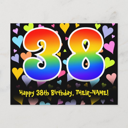 Carte Postale 38e anniversaire : Fun Hearts Motif, Arc-en-ciel 3 (Devant)