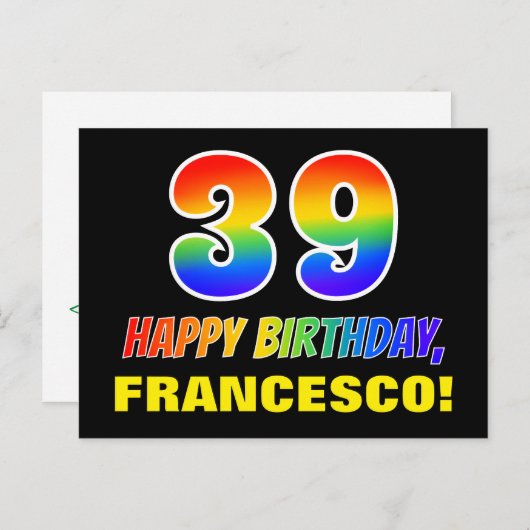 Carte Postale 39e anniversaire : Bold, amusant, simple, arc-en-c (Devant / Derrière)
