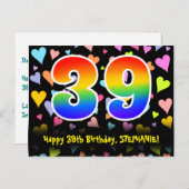 Carte Postale 39e anniversaire : Fun Hearts Motif, Arc-en-ciel 3 (Devant / Derrière)
