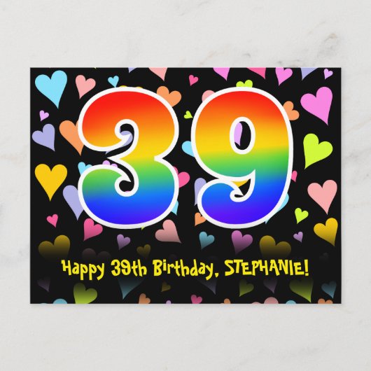 Carte Postale 39e anniversaire : Fun Hearts Motif, Arc-en-ciel 3 (Devant)