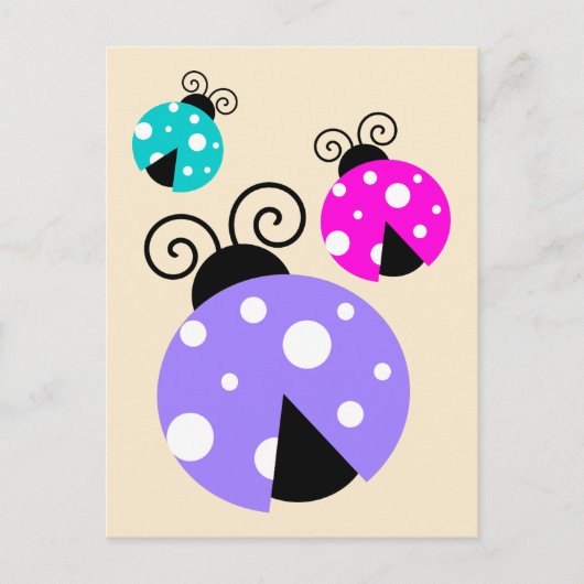 Carte Postale 3 coccinelles en rose et bleu violet (Devant)