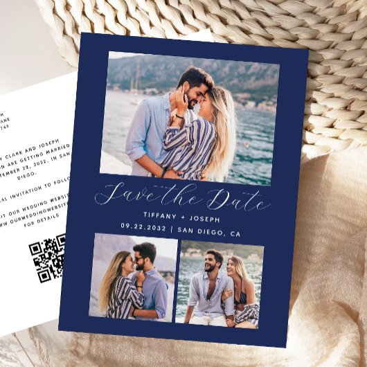 Carte Postale 3 Code QR Photo Bleu Marine Save the Date