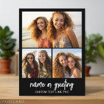 Carte Postale 3 Collage photo avec texte de script - noir blanc<br><div class="desc">Une façon amusante de capturer des souvenirs et de les partager avec des amis. Ajoutez une photo horizontale,  2 photos carrés et votre légende préférée pour faire un cadeau cool pour vos amis.</div>