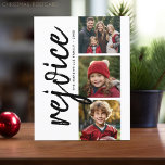 Carte Postale 3 Collage photo - Joyeux Noël moderne Rejoice<br><div class="desc">Utilisez trois photos et faites un accueil unique et tendance Joyeux Noël avec un thème noir et blanc. Si vous avez besoin de déplacer quelque chose,  cliquez sur le bouton personnaliser pour apporter des modifications.</div>