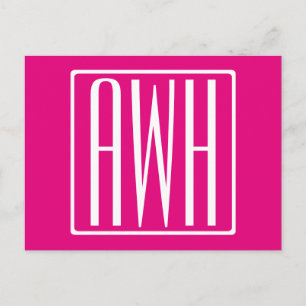 Carte Postale 3 Initiales Monogramme   Blanc sur rose chaud