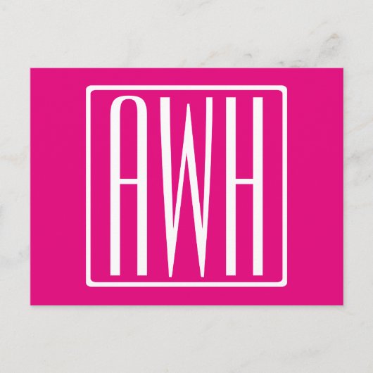 Carte Postale 3 Initiales Monogramme | Blanc sur rose chaud (Devant)
