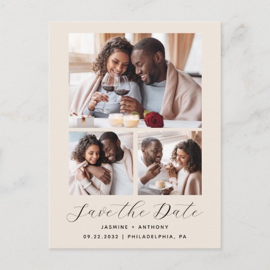 Carte Postale 3-Photo Collage QR Code Beige Enregistrer la date (Devant)