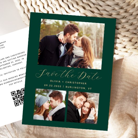 Carte Postale 3-Photo Emerald Green Gold Enregistrer la date