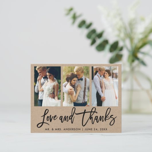 Carte Postale 3 Pinceau Script Mariage Amour Merci Kraft (Debout devant)