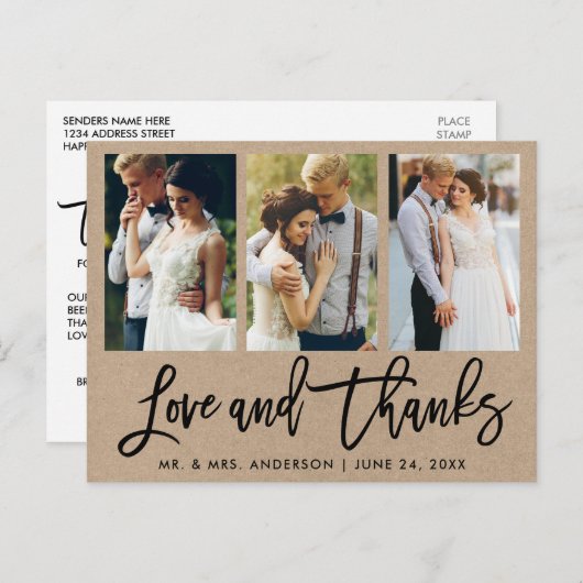 Carte Postale 3 Pinceau Script Mariage Amour Merci Kraft (Devant / Derrière)