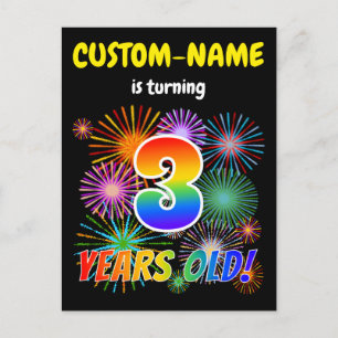 Carte Postale 3e anniversaire - Fun Fireworks, Rainbow Look "3"