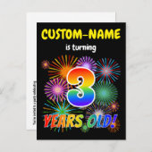 Carte Postale 3e anniversaire - Fun Fireworks, Rainbow Look "3" (Devant / Derrière)