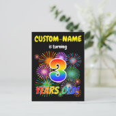 Carte Postale 3e anniversaire - Fun Fireworks, Rainbow Look "3" (Debout devant)