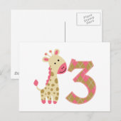 Carte Postale 3e anniversaire Giraffe rose (Devant / Derrière)