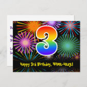 Carte Postale 3ème anniversaire - Fun Motif Fireworks + Rainbow (Devant / Derrière)