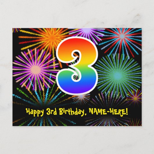 Carte Postale 3ème anniversaire - Fun Motif Fireworks + Rainbow (Devant)