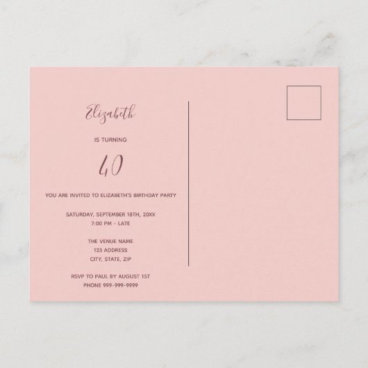 Carte Postale 40 & fabuleux rose or parties scintillant invitati (Dos)