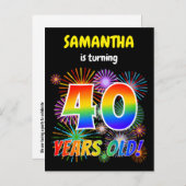Carte Postale 40e anniversaire - Fun Fireworks, Rainbow Look "40 (Devant / Derrière)