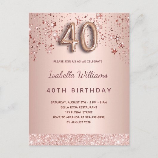 Carte Postale 40e anniversaire rose or rose étoiles script ballo (Devant)