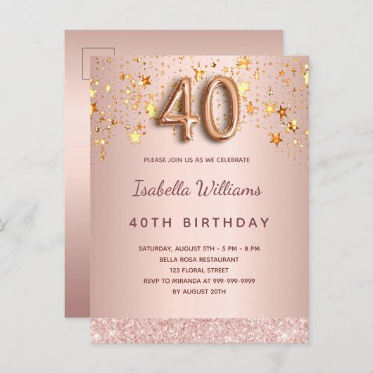 Carte Postale 40e anniversaire rose or rose étoiles script ballo (Devant / Derrière)