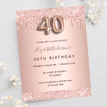 Carte Postale 40e anniversaire rose parties scintillant or rose<br><div class="desc">Une invitation moderne, élégante et glamour pour une fête de 40e anniversaire. Un faux rose or à l'apparence métallique arrière - plan avec une élégante parties scintillant d'or faux rose goutte à goutte, peinture goutte à goutte. Le nom est écrit avec un rose moderne de couleur or foncé à la...</div>