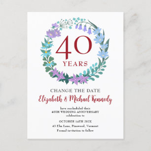 Carte Postale 40e anniversaire Ruby Floral Bluebells Date de cha