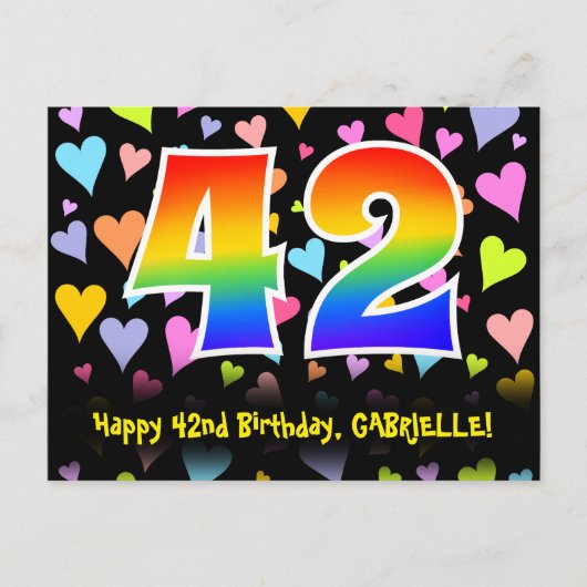Carte Postale 42e anniversaire : Fun Hearts Motif, Arc-en-ciel 4 (Devant)