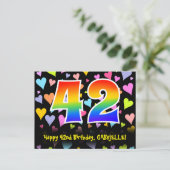 Carte Postale 42e anniversaire : Fun Hearts Motif, Arc-en-ciel 4 (Debout devant)