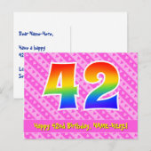 Carte Postale 42e Anniversaire: Rayures roses & coeurs, Arc-en-c (Devant / Derrière)