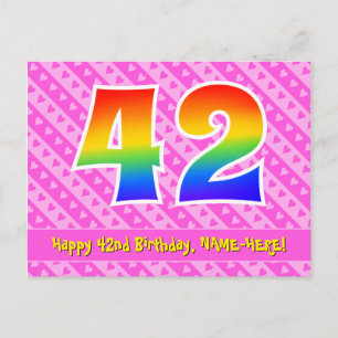 Carte Postale 42e anniversaire : rayures roses et cœurs, arc-en-