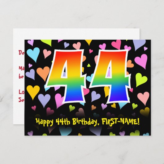 Carte Postale 44e anniversaire : Fun Hearts Motif, Arc-en-ciel 4 (Devant / Derrière)