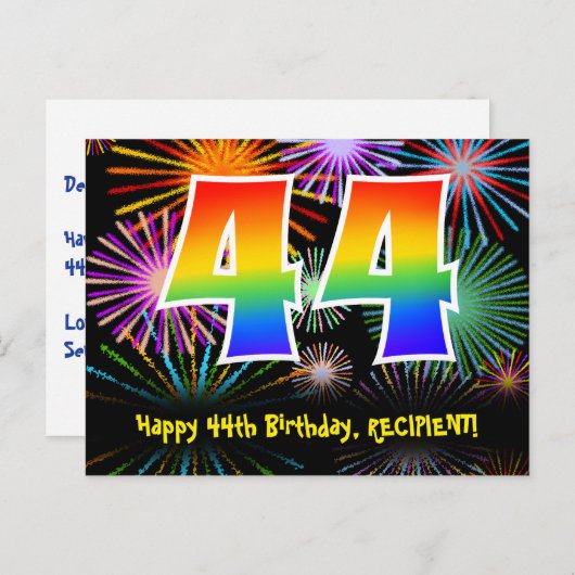 Carte Postale 44e Anniversaire - Motif de feux d'artifice amusan (Devant / Derrière)
